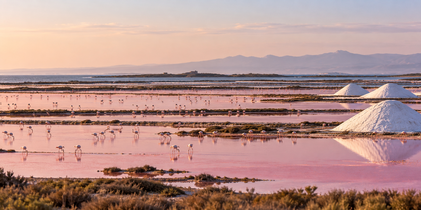 imagen de una marisma y salina con flamencos