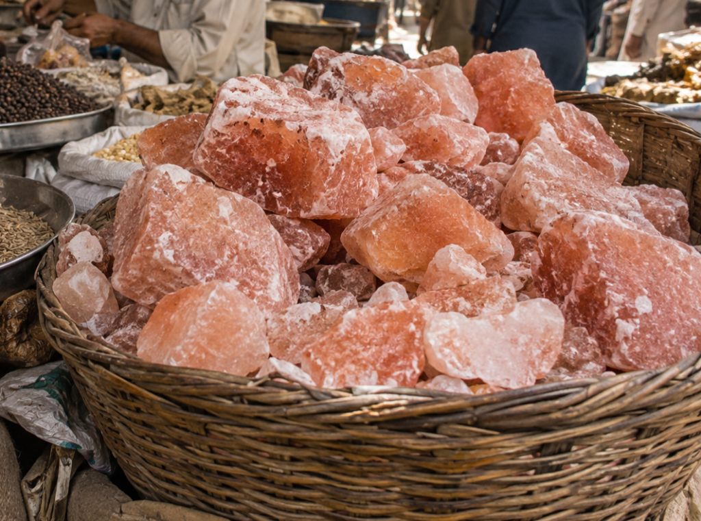 imagen de un mercado con sal del himalaya en roca